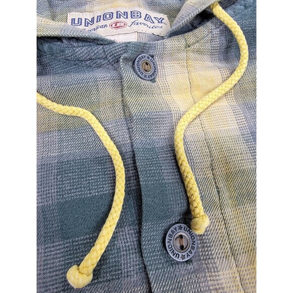 Vintage Union Bay Hoodie Mens L Blue Yellow Plaid Distressed Bleached Grunge Y2K - Picture 4 of 15